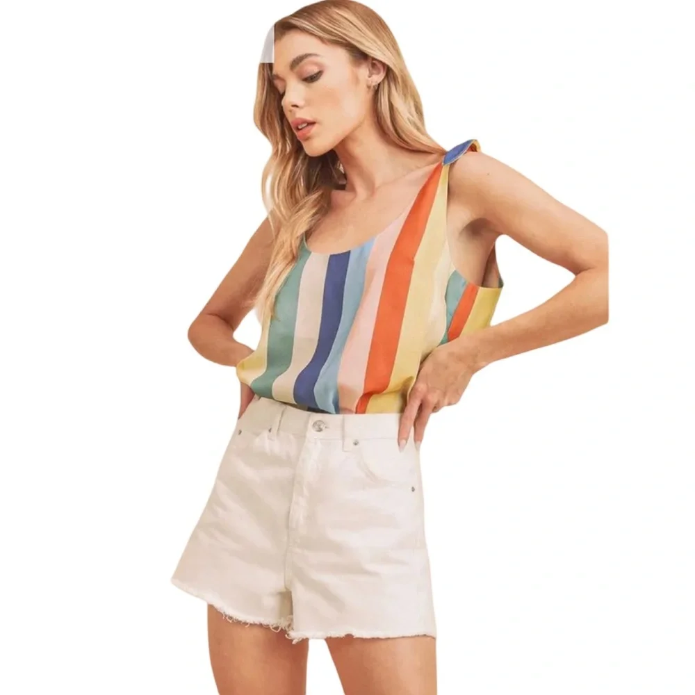 Aemi + Co Gracie Tank Top Tank Rainbow Stripe Tie Shoulder Women’s Large - Picture 12 of 12